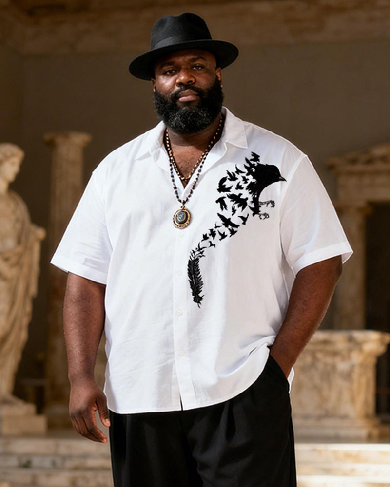 Big & Tall Men's Black And White Bird Feather Print Short Sleeve Shirt Pants Set