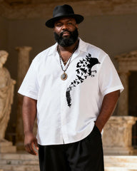 Big & Tall Men's Black And White Bird Feather Print Short Sleeve Shirt Pants Set
