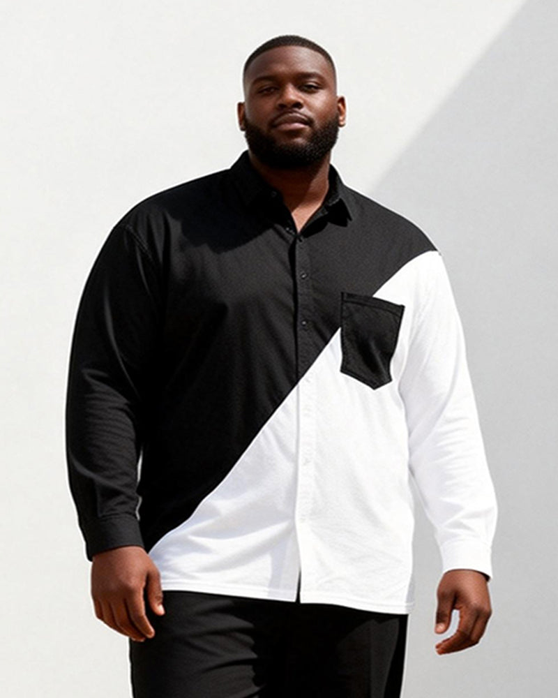 Big & Tall Men's Black And White Oblique Stitching Printed Long Sleeve Shirt Trousers Suit