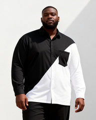 Big & Tall Men's Black And White Oblique Stitching Printed Long Sleeve Shirt Trousers Suit