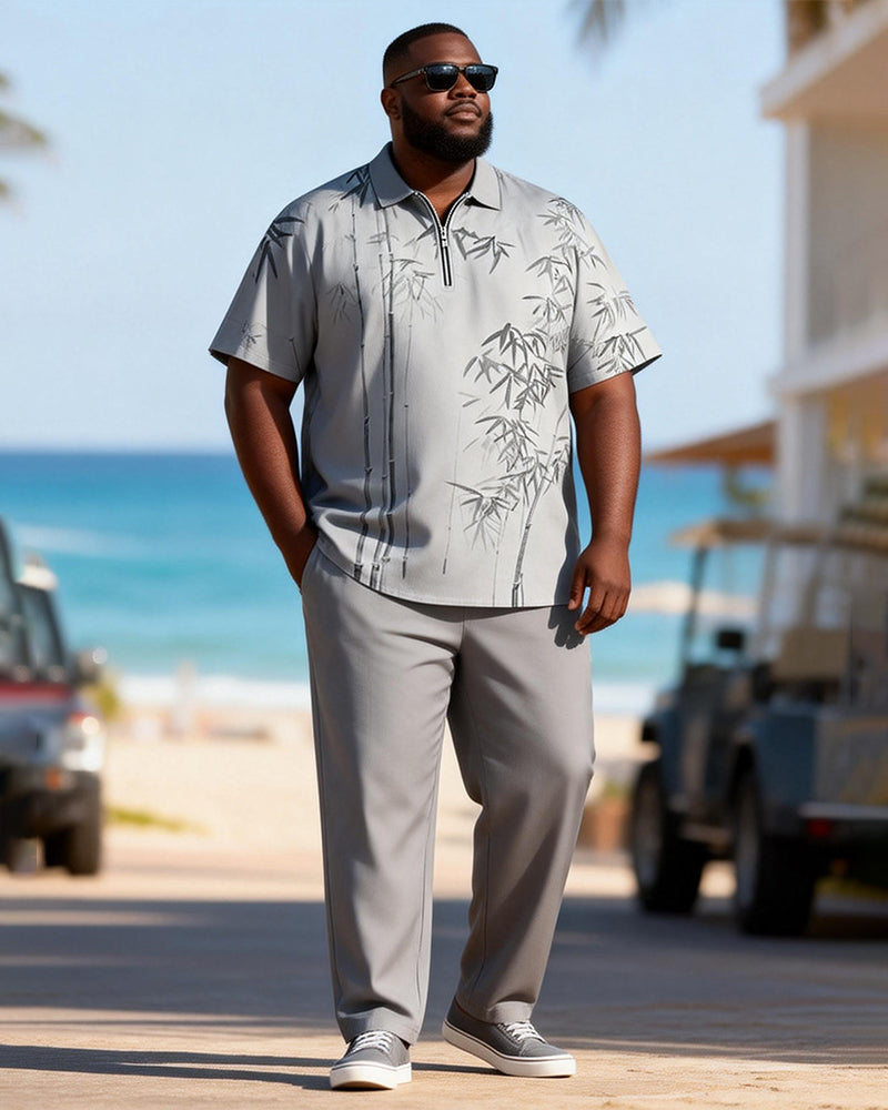 Big & Tall Men's Ink Bamboo Grey Printed Zipper Polo Short Sleeve Pants Set
