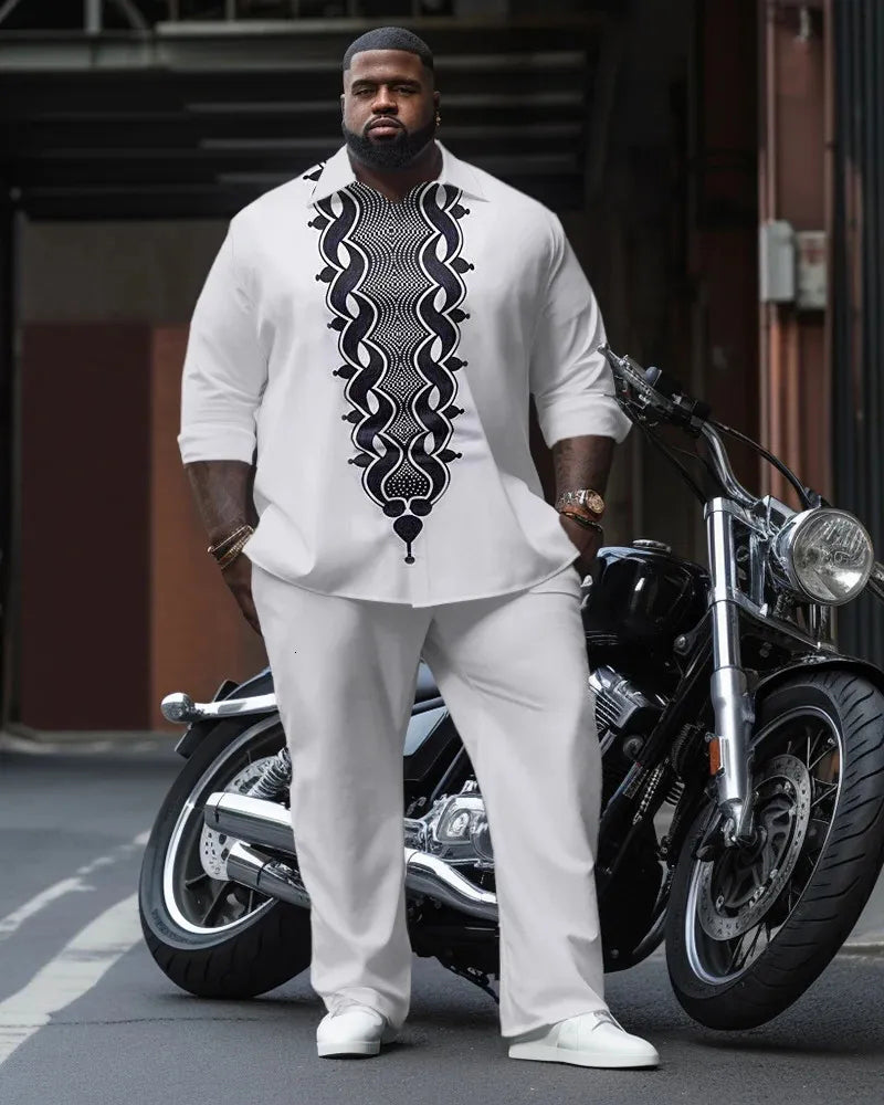 Big & Tall Men's Black And White Wavy Print Long Sleeve Shirt Pants Set