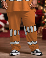 Big & Tall Men's Christmas Gingerbread Man Cosplay Printed Long Sleeve T-Shirt Trousers Suit