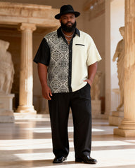 Big & Tall Men's Black And White Carved Contrast Printed Short Sleeve Shirt Pants Set