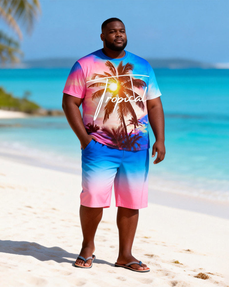 Big & Tall Men's Pink Blue Gradient Coconut Tree Printed Round Neck Short Sleeve T-Shirt Shorts Set