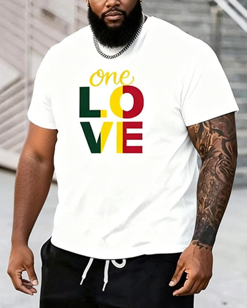 Big & Tall Men's "One Love" Reggae Color Matching Printed Crewneck Short Sleeve T-Shirt Shorts Set