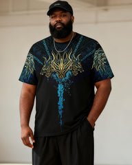 Big & Tall Men's Black Gold Blue Flame Totem Printed T-Shirt Pants Set
