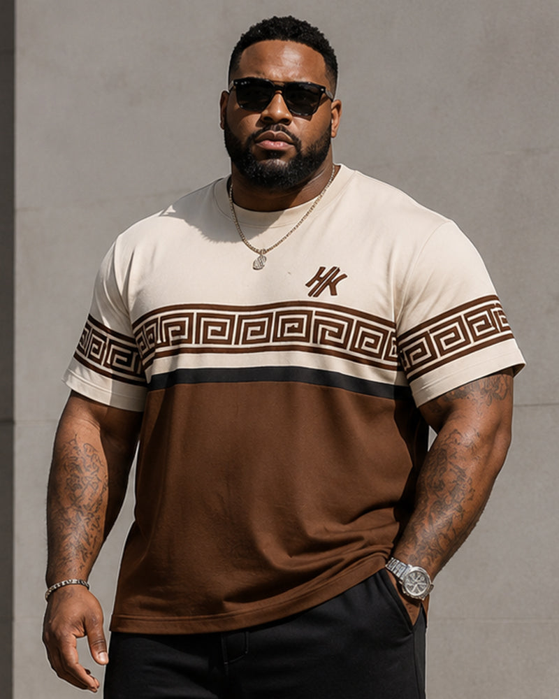 Big & Tall Men’s Coffee-White Color-Block Meander-Print Crew-Neck Short-Sleeve T-Shirt And Shorts Set
