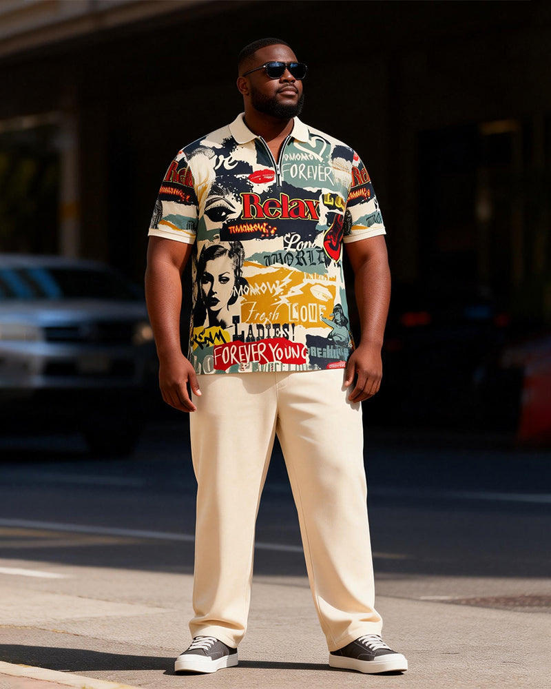 Big & Tall Men's Vintage Graffiti Print Zipper Polo Short Sleeve Pants Set
