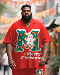 Big & Tall Men's Merry Christmas Gingerbread Man Print Short Sleeve Shirt Trousers Suit