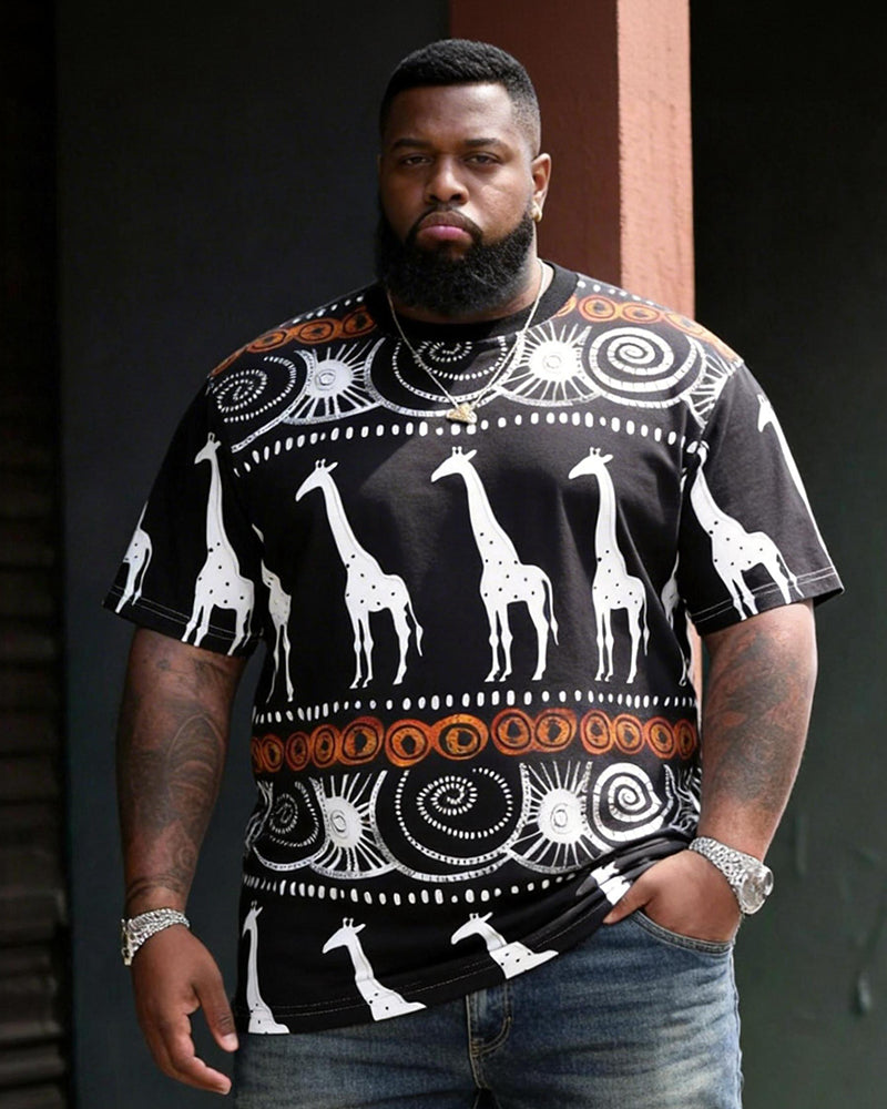 Big & Tall Men's Giraffe African Tribe Printed Round Neck Short Sleeve Tee