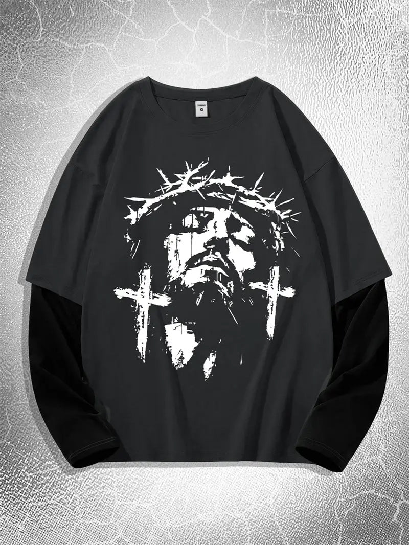 Big & Tall Men's Religious Thorn Head Printed Fake Two Long Sleeve T-Shirts