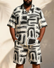 Big & Tall Men's Black And White Flowing Geometric Print Short Sleeve Shirt Shorts Set