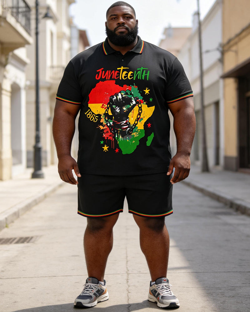 Big & Tall Men's Juneteenth Africa Map Break Free Chain Print POLO Short Sleeve Shorts Set