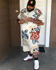 Big & Tall Men's Light Bottom Flower And Bird Holiday Style Printed Crewneck Short Sleeve T-shirt Shorts Set