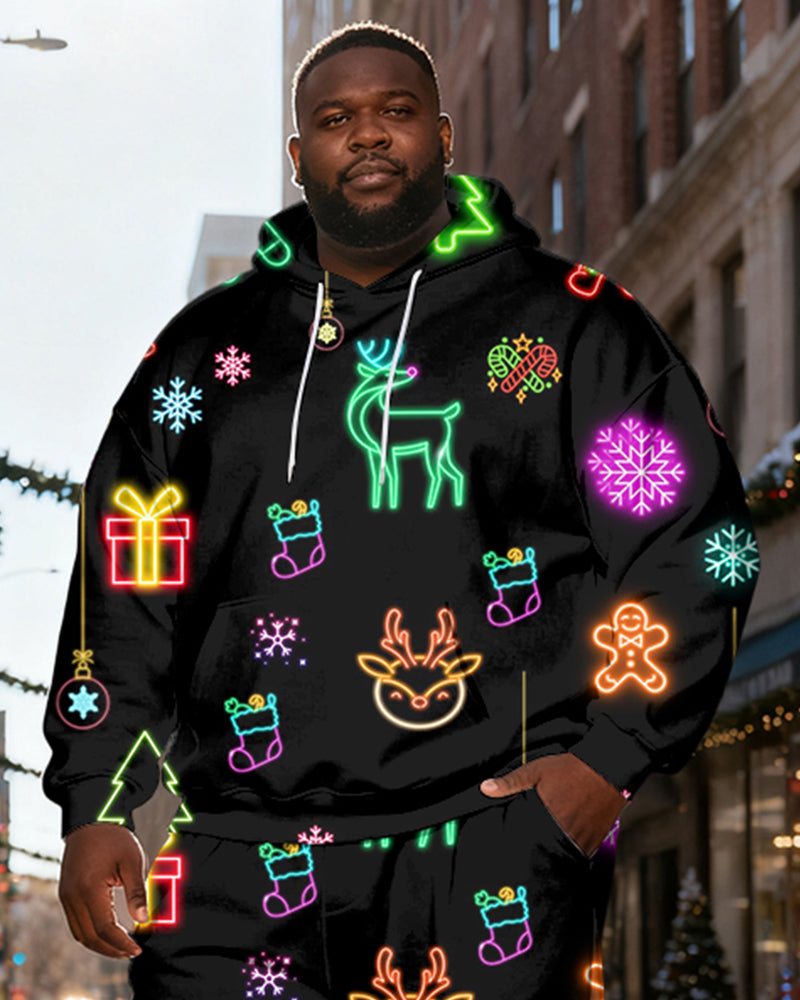 Big & Tall Men's Black Neon Christmas Print Hoodie Set