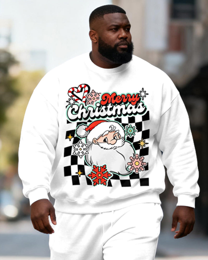 Big & Tall Men's White Checkerboard Santa Claus "Merry Christmas" Printed Crewneck Sweat Set