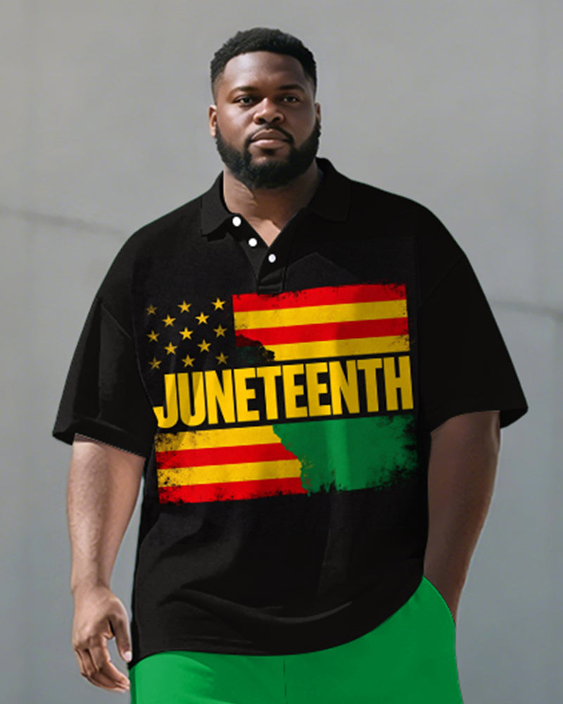 Big & Tall Men's Juneteenth Flag Reggae Color Print POLO Short Sleeve Shorts Set