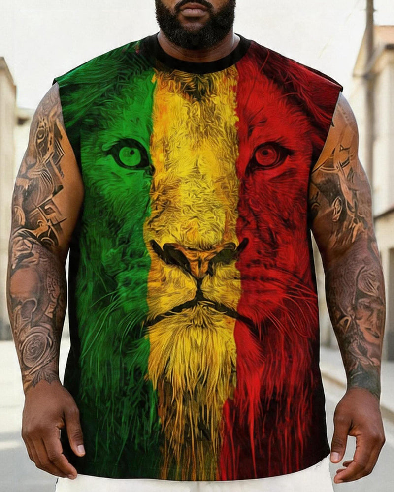 Big & Tall Men's Red, Yellow And Green Stitching Lion Head Printed Round Neck Sports Vest