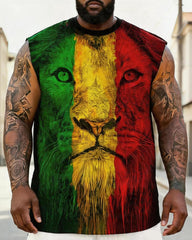 Big & Tall Men's Red, Yellow And Green Stitching Lion Head Printed Round Neck Sports Vest