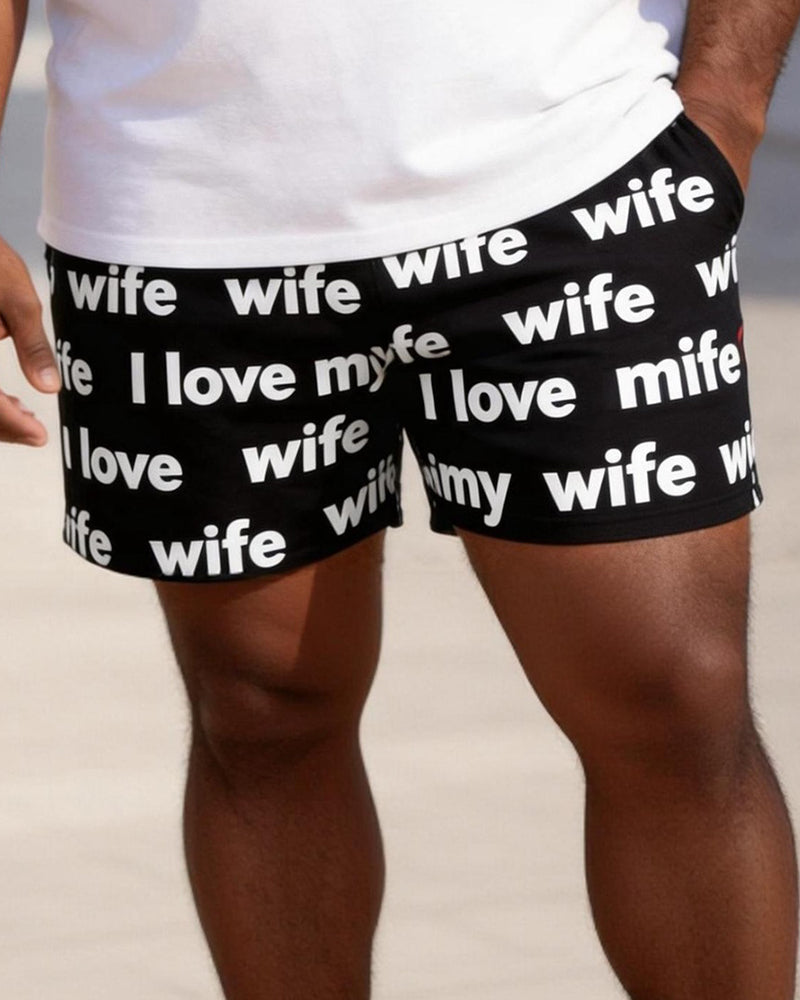 Big & Tall Men's "I Love My Wife" Letter Printed Crew Neck Short Sleeve T-shirt Shorts Set