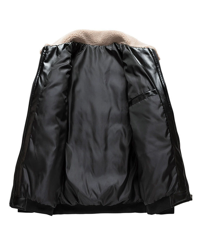 Big & Tall Men's Padded Lamb Wool Lapel Motorcycle PU Leather Jacket M-5XL