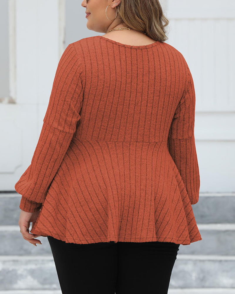 Women's Large Solid Color Striped V-neck Gold Button T-shirt L-5XL