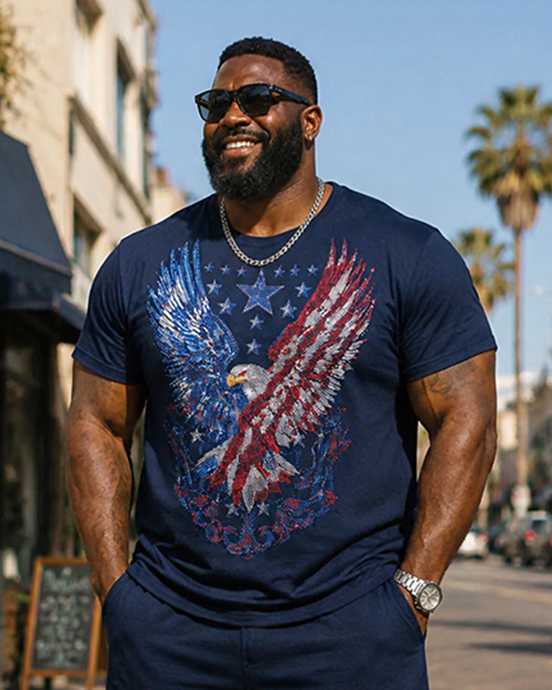 Big & Tall Men's American Flag Eagle Print Crewneck Short Sleeve T-Shirt Shorts Set