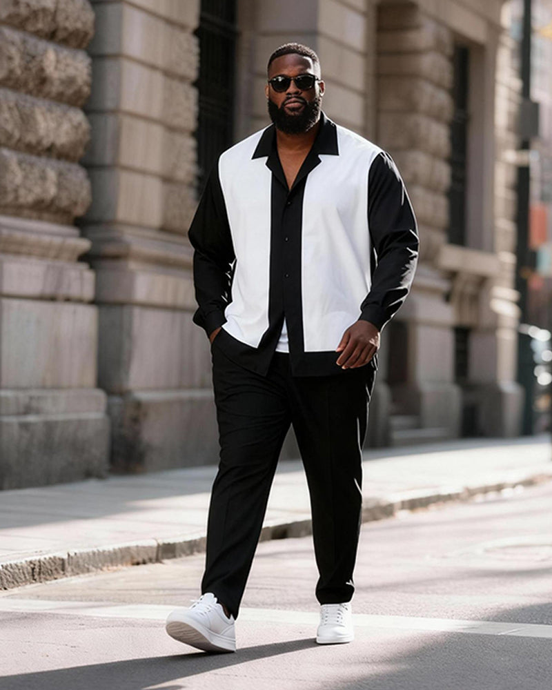 Big & Tall Men's Black And White Contrast Stitching Printed Long Sleeve Shirt Trousers Suit