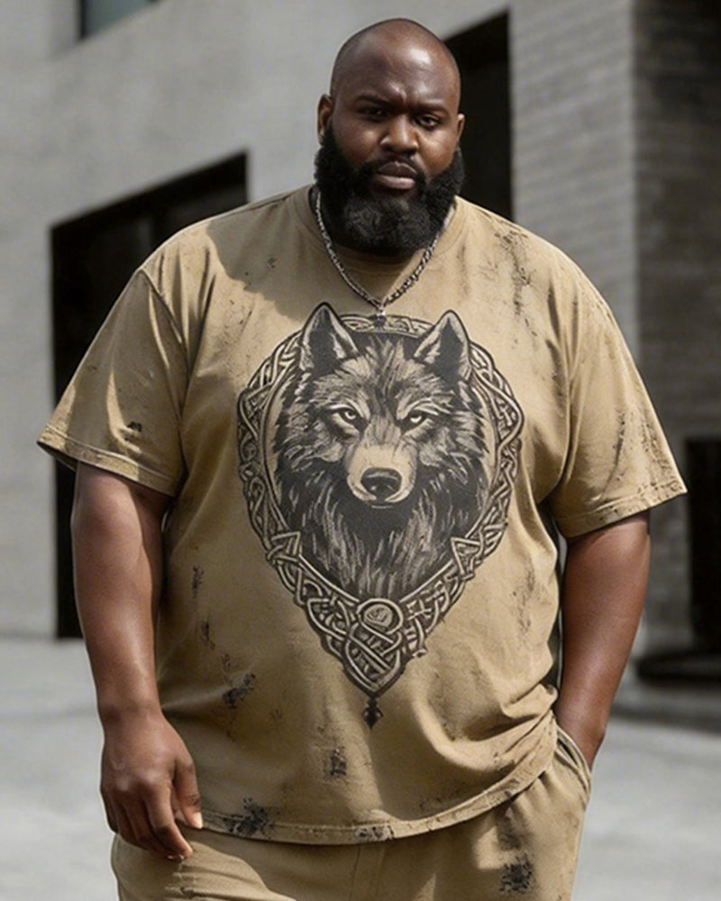 Big & Tall Men's Wolf Head Badge Print Crewneck Short Sleeve T-Shirt Shorts Set