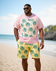 Big & Tall Men's Pink Coconut Print Round Neck Short Sleeve T-Shirt Shorts Set