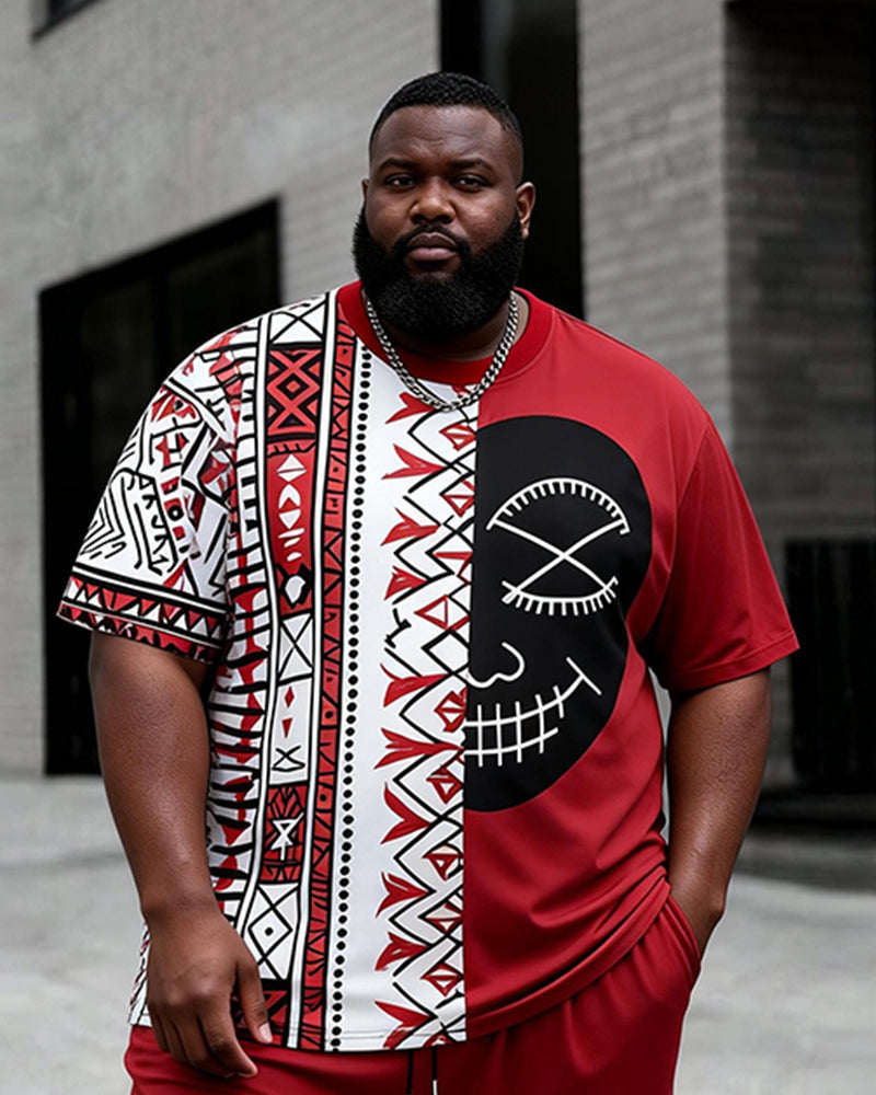 Big & Tall Men's Spliced Skull Ethnic Style Printed Crewneck Short Sleeve T-Shirt Shorts Set