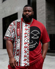 Big & Tall Men's Spliced Skull Ethnic Style Printed Crewneck Short Sleeve T-Shirt Shorts Set