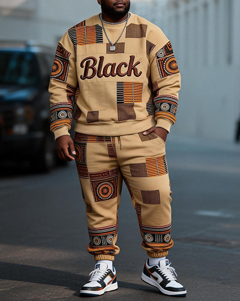 Big & Tall Men's African Batik Black Print Crewneck Sweat Set