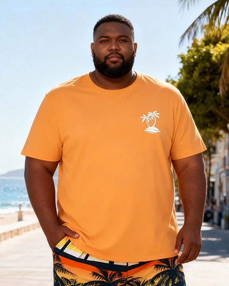 Big & Tall Men's Orange Small Label Coconut Tree Printed Crewneck Short Sleeve T-Shirt Shorts Set