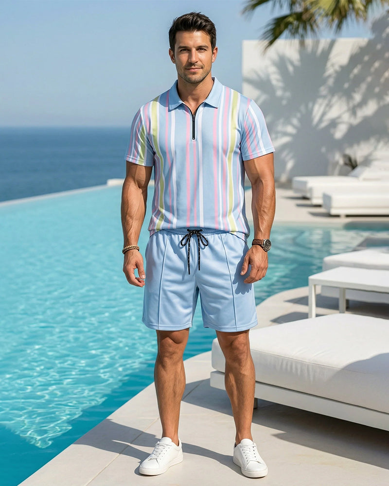 Men's Colorblock Striped Print Short Sleeve Shirt & Shorts Two-Piece Set