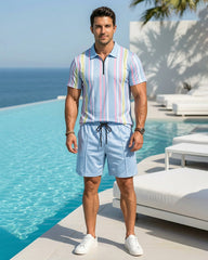 Men's Colorblock Striped Print Short Sleeve Shirt & Shorts Two-Piece Set