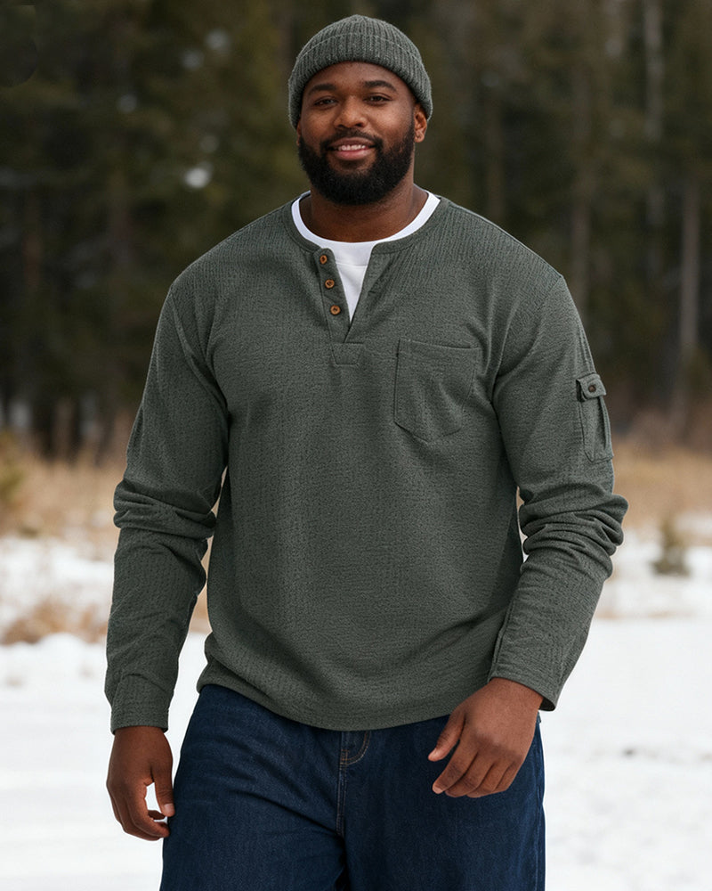 Big & Tall Men's Solid Color Fake Two-Piece V-Neck Waffled Long-Sleeved T-Shirt S-2XL