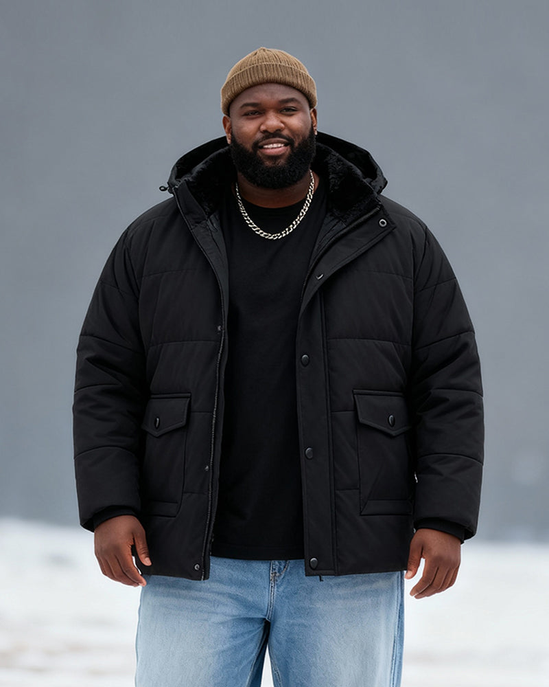 Big & Tall Men's Solid Color Padded Hooded Long Cotton-padded Jacket Coat M-8XL