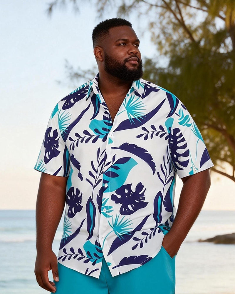 Big & Tall Men's Blue And White Tropical Leaf Print Short Sleeve Shirt Shorts Set