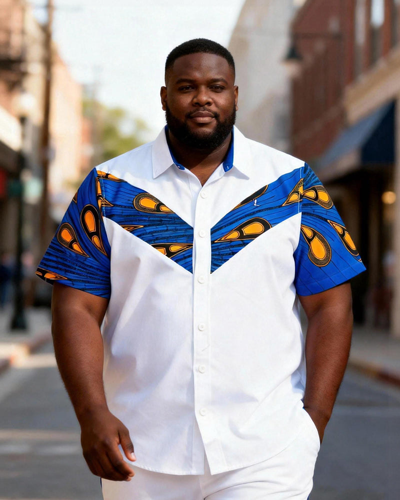 Big & Tall Men's Blue-orange Pattern V-shaped Stitching Printed Short-sleeved Shirt