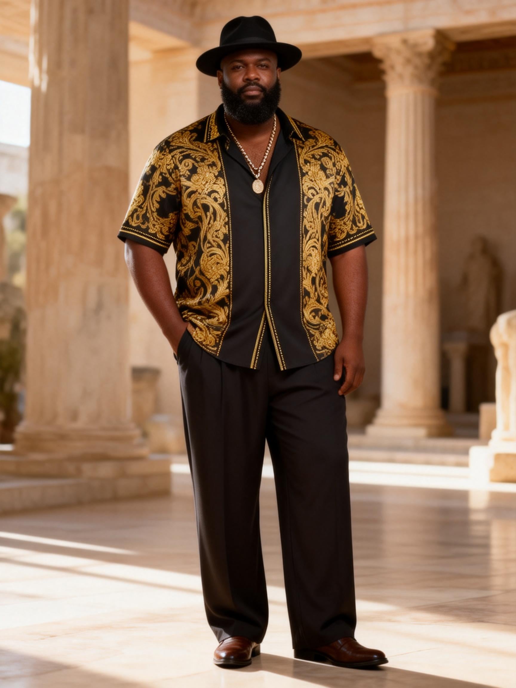 Big & Tall Men's Black And Gold Baroque Print Short Sleeve Shirt Pants Set