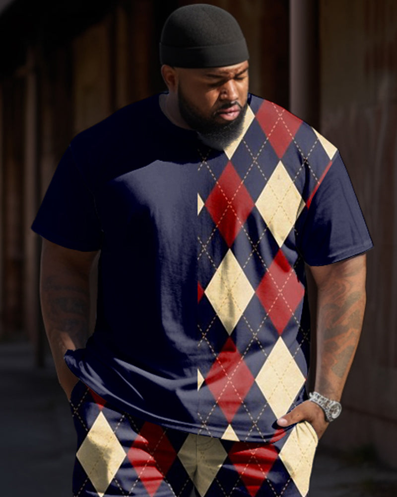 Big & Tall Men's Retro Navy Blue Red Contrast Diamond Print T-shirt Trousers Set