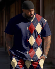 Big & Tall Men's Retro Navy Blue Red Contrast Diamond Print T-shirt Trousers Set