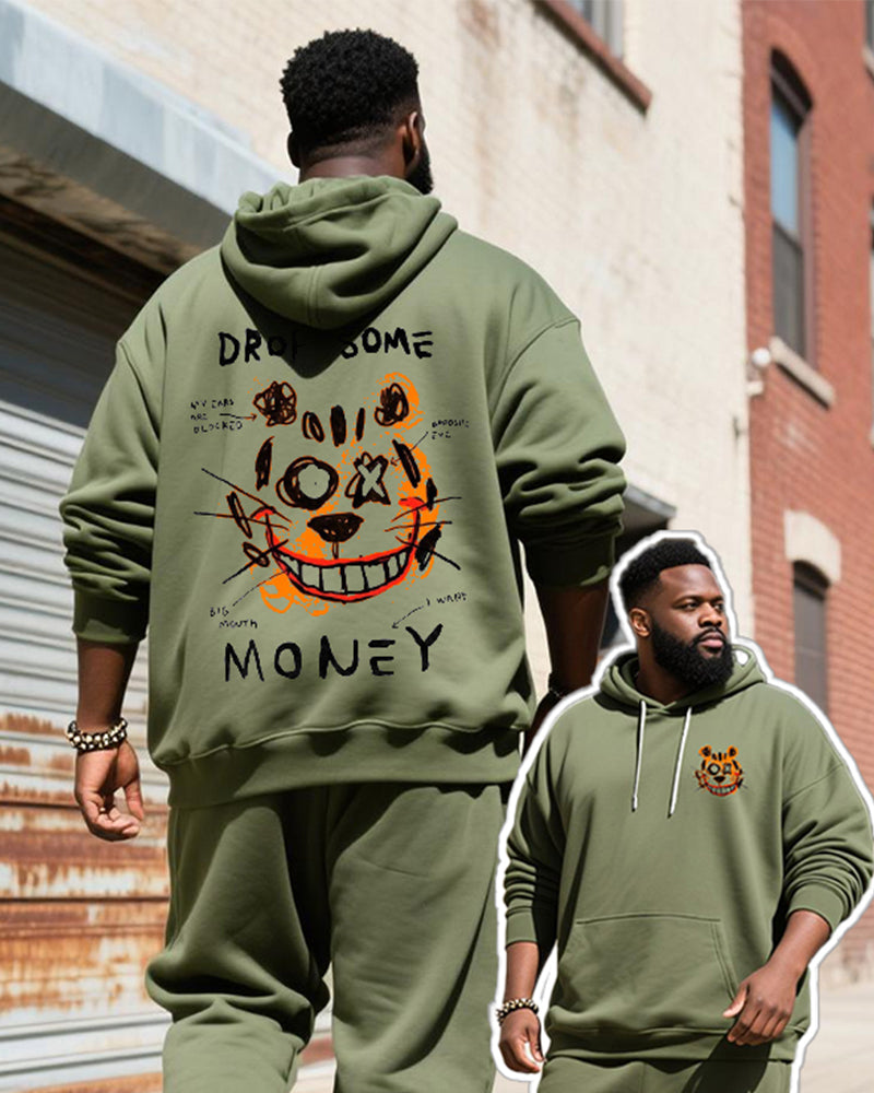 Big & Tall Men's Army Green Bear Graffiti Alphabet Print Hoodie Set