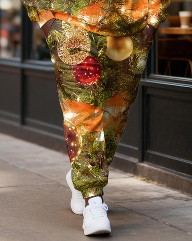 Big & Tall Men's Christmas Branch Decorative Ball Printed Round Neck Sweat Set