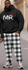 Big & Tall Couples MR & MRS Love Logo Black Plaid Printed Hoodie Set