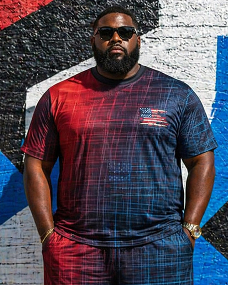Big & Tall Men's Red And Blue Gradient Plaid Flag Printed Crewneck Short Sleeve T-Shirt Shorts Set