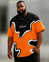 Big & Tall Men's Black And Orange Contrast King Wavy Print T-Shirt Pants Set