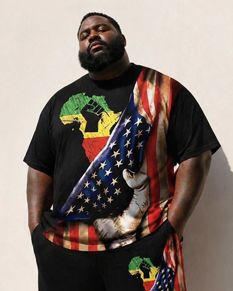 Big & Tall Men's Reggae Color Matching African Map Fist American Flag Printed Crewneck Short Sleeve T-Shirt Shorts Set